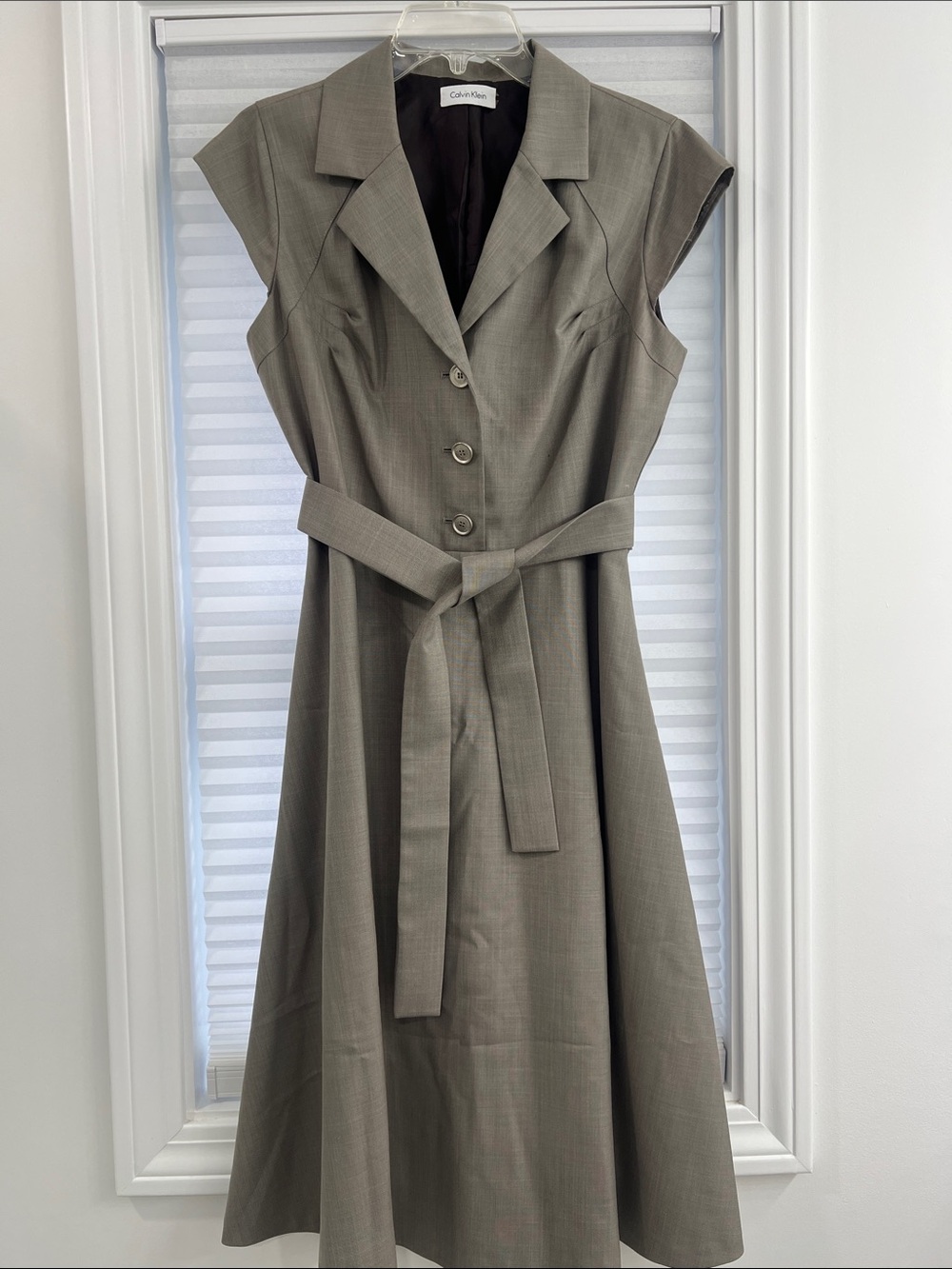 Calvin Klein Olive Taupe Belted Cap-Sleeve Midi Dress